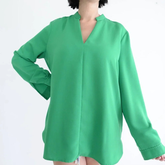 Lord & Taylor Kelly Green V-Neck Long Sleeve Tunic Dress Shirt LG - Picture 1 of 12